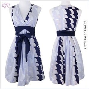 Anthropologie Maeve Blue Geometric Print Cotton Short Dress Blue Gray‎ Sash 2